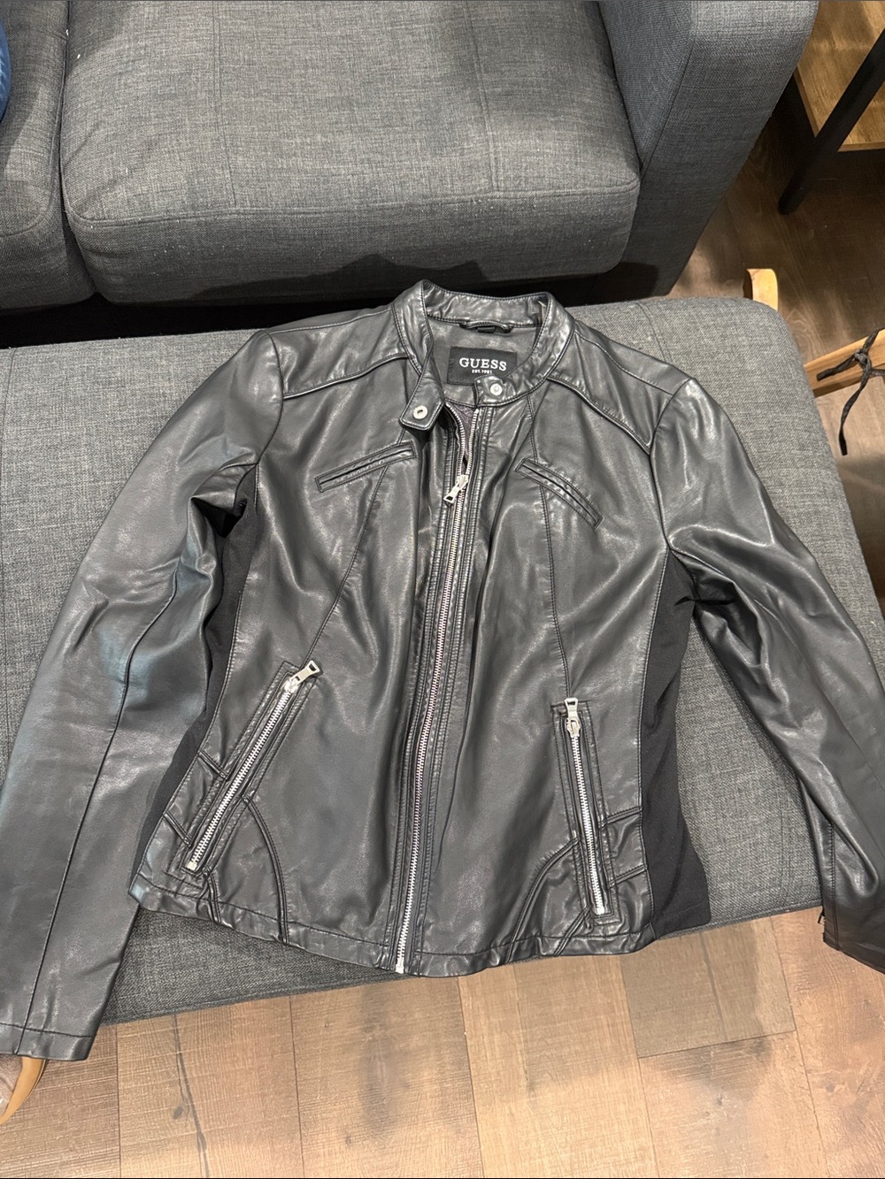 GUESS Black Faux Leather Moto Jacket with Zip Details